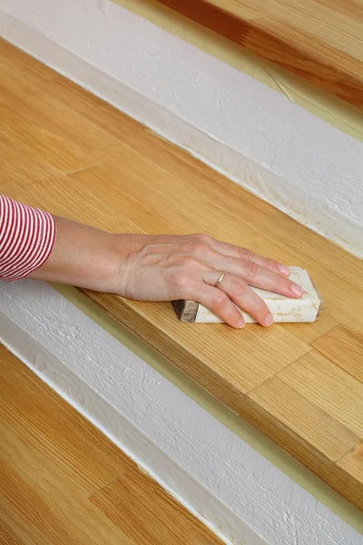Wooden stairs sanding — Stock Photo, Image