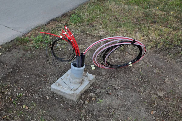 Cables Fibra Óptica Para Instalación Internet Teléfono Instalación Líneas Eléctricas — Foto de Stock