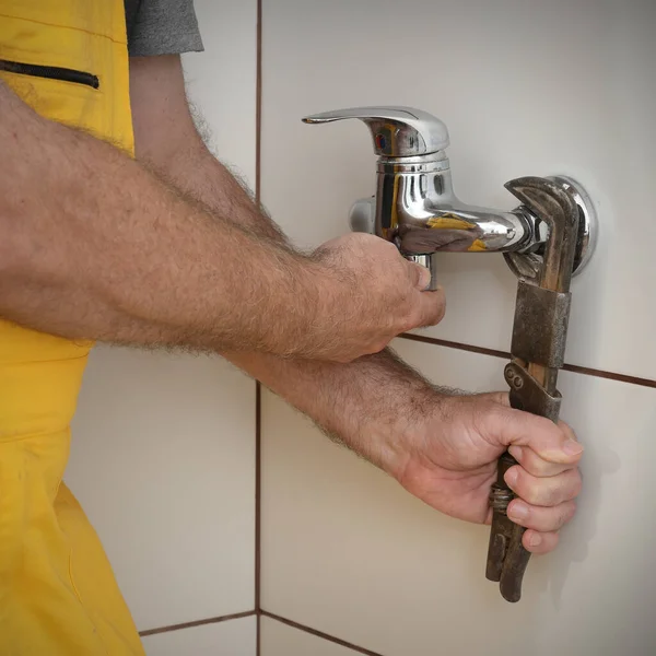 Plumber Fixing Replacing Faucet Bathroom Kitchen Closeup Hands Tap Adjustable Royalty Free Stock Images