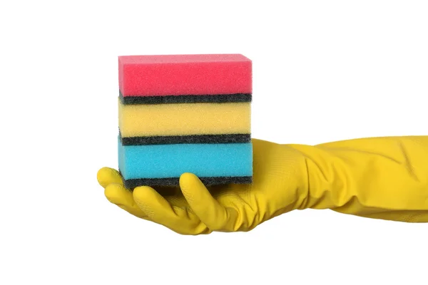 Equipamento de limpeza, montão de esponja na mão — Fotografia de Stock