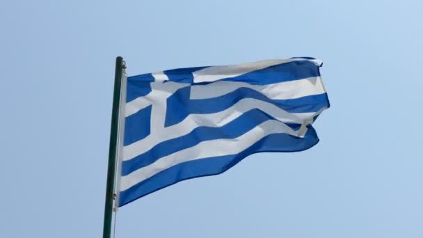 Greece flag flying over blue sky, HD footage — Stock Video