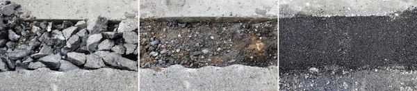 Asfalt onarım, kırık asfalt ve yama — Stok fotoğraf