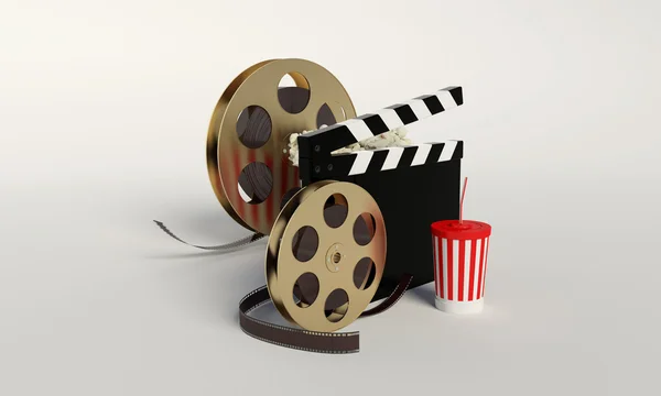 Film reel,popcorn,movie strip,disposable cup for beverages with — Stock Photo, Image