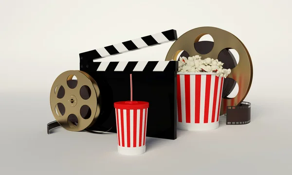 Film reel,popcorn,movie strip,disposable cup for beverages with — Stock Photo, Image