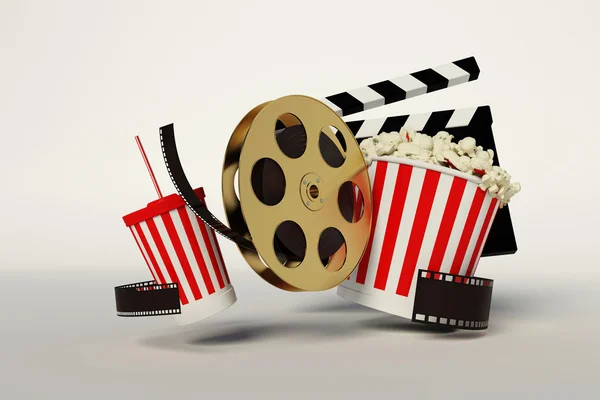 Ταινία εξελίκτρων, ποπ κορν, λουρίδα ταινία, μίας χρήσης Κύπελλο για αλκοολούχα ποτά — Φωτογραφία Αρχείου