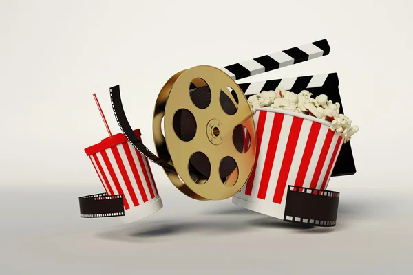 Film reel,popcorn,movie strip,disposable cup for beverages with — Stock Photo, Image