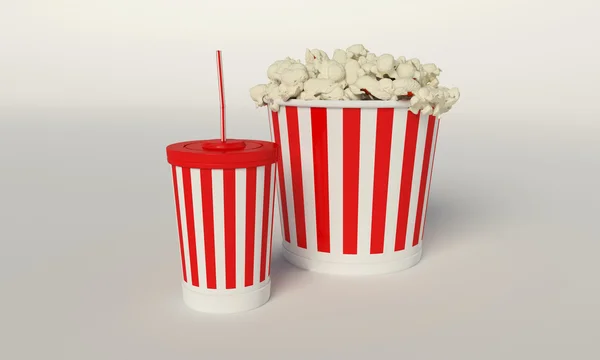 Popcorn och papper kopp med röd tub på vit bakgrund. — Stockfoto