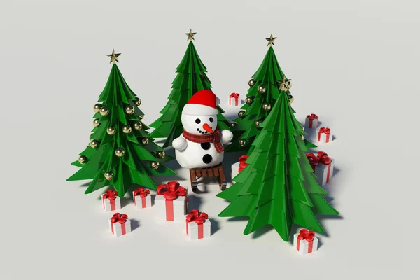 Bonhomme de neige et arbre de Noël — Photo