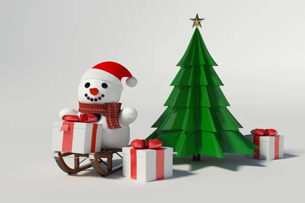 Bonhomme de neige et arbre de Noël — Photo