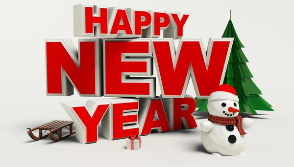 Happy New Year 3d tekst, sneeuwman, sleg, geschenk, cristmas boom, hoge res — Stockfoto