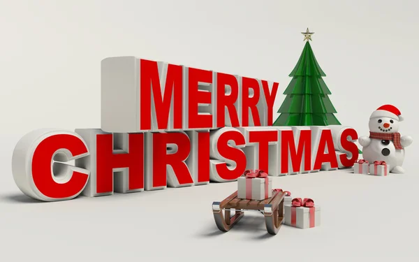Merry Christmas 3d text, snowman,slage,and gift high resolution — Stock Photo, Image