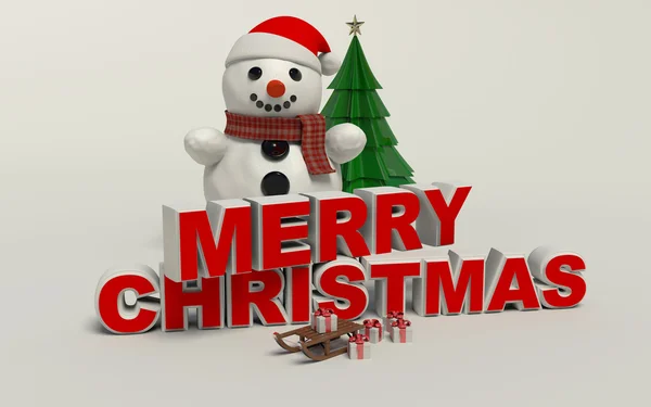 Merry Christmas 3d text, snowman,slage,and gift high resolution — Stock Photo, Image