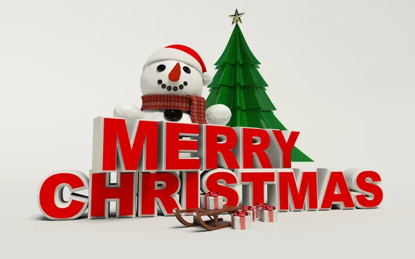 Merry Christmas 3d text, snowman,sled,and gift high resolution — Stock Photo, Image