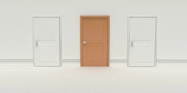 Stängt två med och en brun trä dörr på vit vägg — Stockfoto