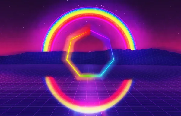 80s futuristic landscape with rainbow — Stock Photo, Image