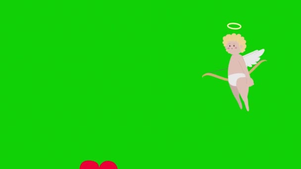 Cupido Dibujos Animados Disparando Una Flecha Corazón Aislado Pantalla Verde — Vídeos de Stock