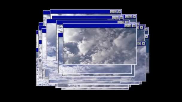黒の背景とアルファチャンネルに隔離された空と雲と複数のレトロな窓とデジタルウイルスやコンピュータの間違いの芸術的な表現 — ストック動画