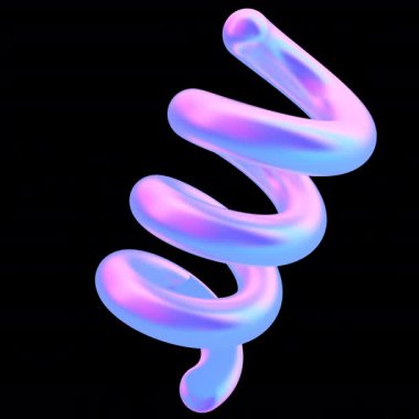 Soyut 3D Iridescent Spiral Loop Parlak metalik animasyon canlı mor, mavi ve pembe tonlarda, modern görsel tasarımlar için alfa şeffaflığı ile sorunsuzca dönen