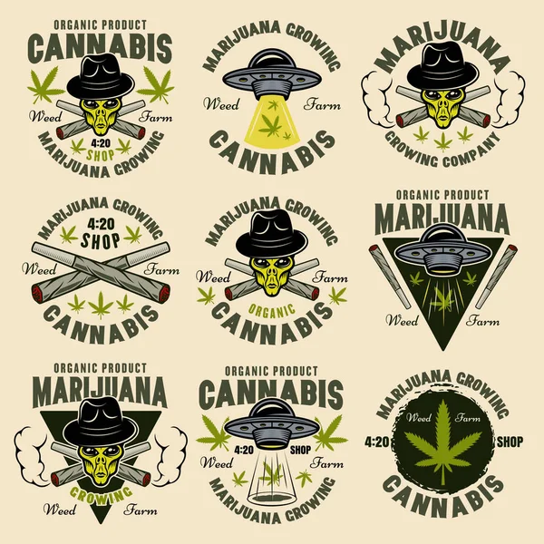 Conjunto de nueve emblemas de color vectorial para cultivo de marihuana — Vector de stock