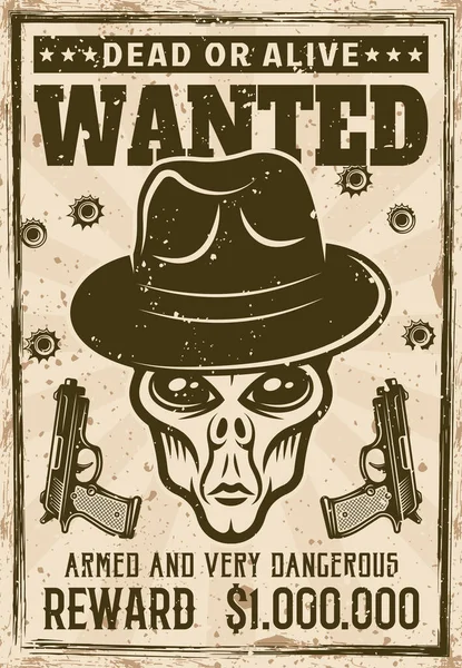 Cabeza alienígena en sombrero fedora gangster quería cartel — Vector de stock