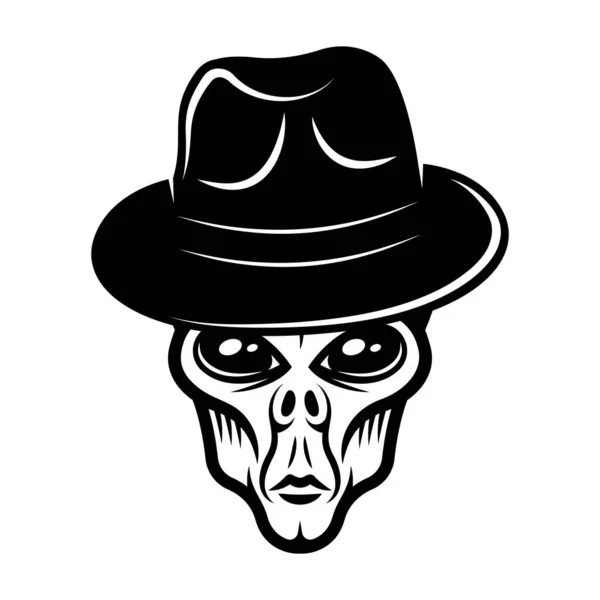 Alien en sombrero fedora vector vintage objeto negro — Archivo Imágenes Vectoriales