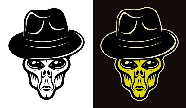 Alien kepala di topi dua gaya hitam dan penuh warna - Stok Vektor