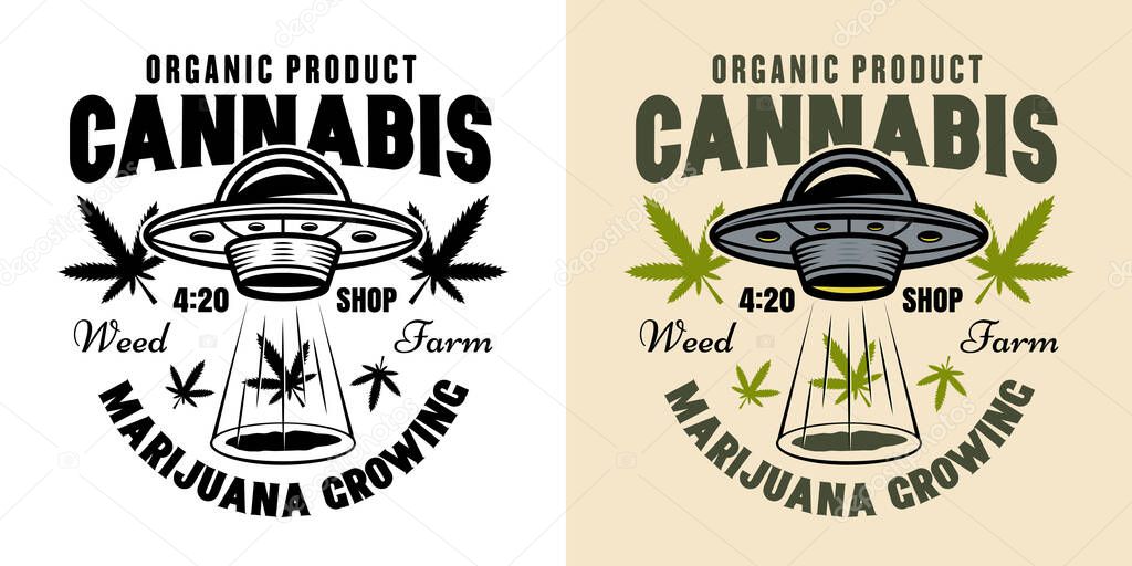 Marijuana growingvector emblem, badge, label or logo with ufo illustration in two styles black on white and colorful