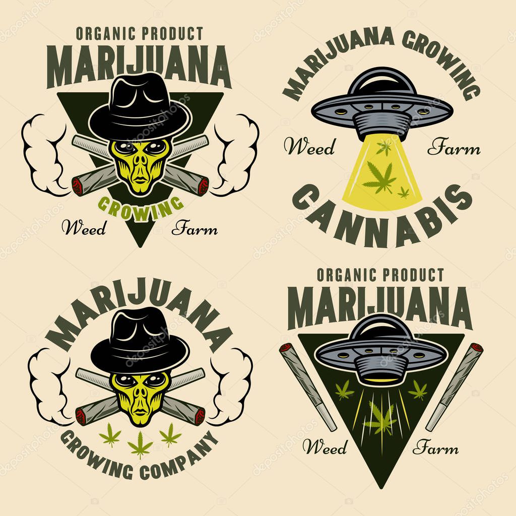 Marijuana growing set of four vector emblems, badges, labels or logos with aliens and ufo. Illustration in colorful style isolated on light background