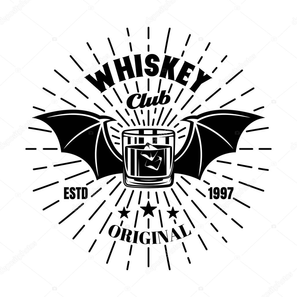 Whiskey glass with bat wings and rays vector emblem, badge, label or logo in vintage monochrome style isolated on white background