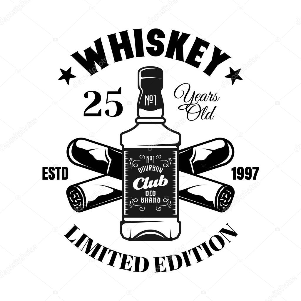 Whiskey bottle and crossed cigars vector emblem, badge, label or logo in vintage monochrome style isolated on white background