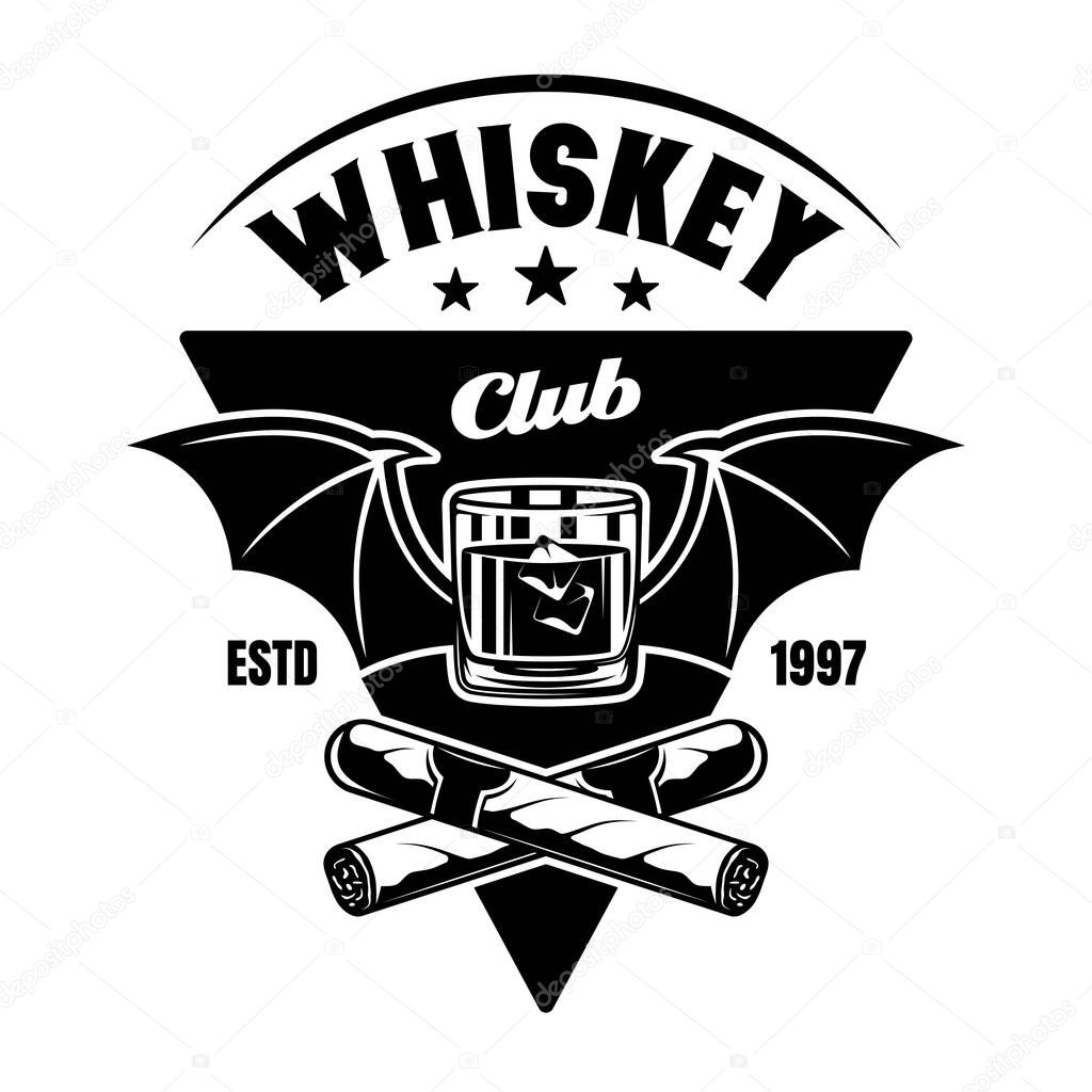 Whiskey club vector emblem, badge, label or logo in vintage monochrome style isolated on white background