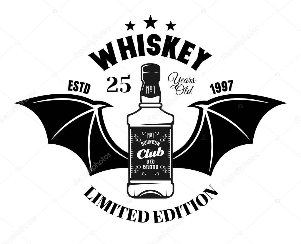 Whiskey bottle with bat wings vector emblem, badge, label or logo in vintage monochrome style isolated on white background