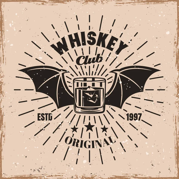 Whiskey vidrio alas de bruja y rayos emblema vectorial — Archivo Imágenes Vectoriales