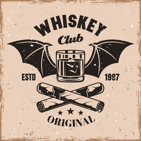 Whisky sklo s křídly a doutníky vektorový emblém — Stockový vektor