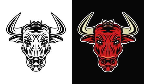 Tête de taureau en deux styles monochrome sur fond blanc et coloré illustration vectorielle sombre — Image vectorielle