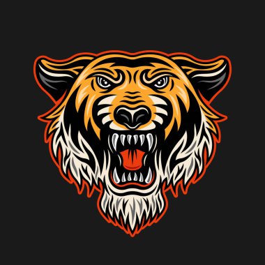 Klasik renkli kaplan baş vektör çizimi koyu arkaplan üzerinde izole