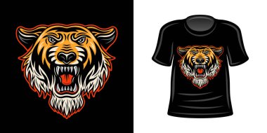 Turuncu renkli kaplan başlıklı tişört baskısı.