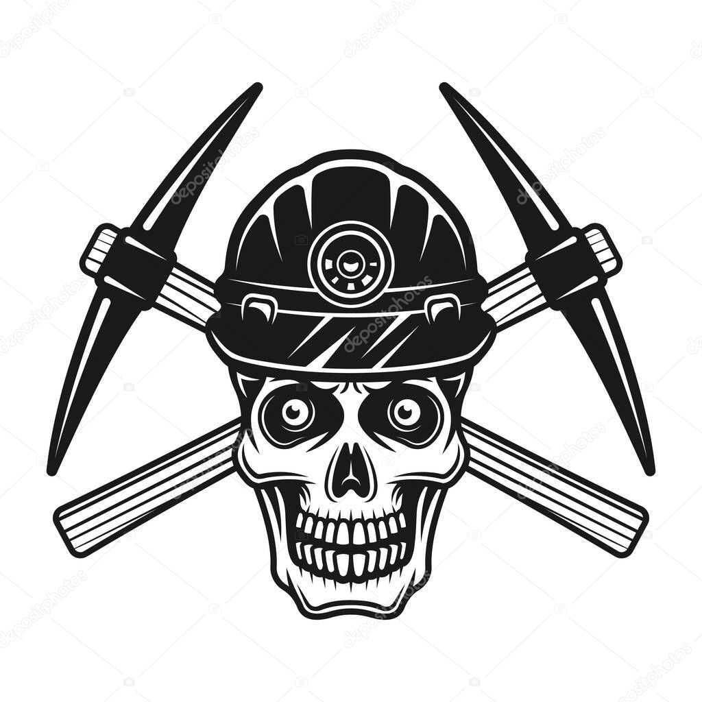 Skull of dead miner in protective helmet and two crossed pickaxes vector illustration in vintage style isolated on white background