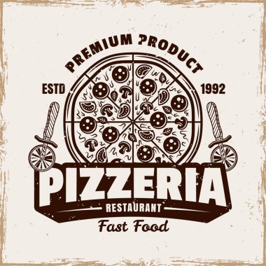 Pizza vektörü amblemi, logosu, rozeti ya da etiketi klasik tarzda izole edilmiş ve kaldırılabilir grunge desenli yuvarlak pizza.