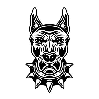 Çivili tasmalı köpek kafası. Beyaz arkaplanda izole edilmiş klasik tek renkli vektör çizimi.