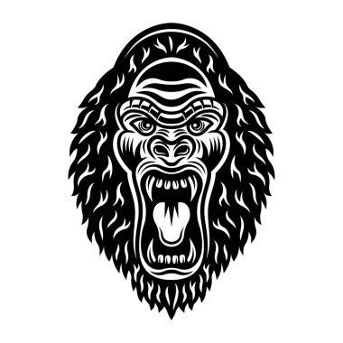 Beyaz arkaplanda izole edilmiş tek renkli çizim vektörü açık ağızlı goril kafası