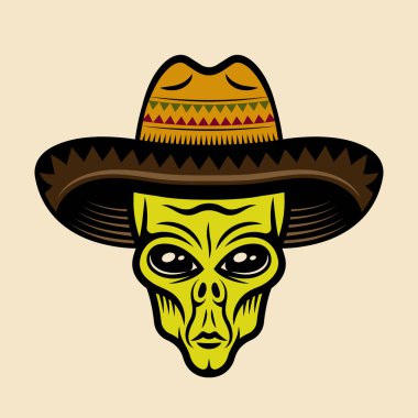 Hafif arkaplanda izole edilmiş renkli çizgi film tarzında sombrero şapka vektör illüstrasyonunda uzaylı kafası