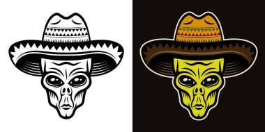 Sombrero şapka vektör illüstrasyonunda uzaylı kafası iki stilde siyah beyaz ve koyu arkaplanda renkli