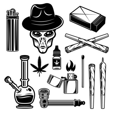 Beyaz arkaplanda izole edilmiş vintage monokrom tarzında vektör veya grafik nesneler seti marihuana ve sigara araçları