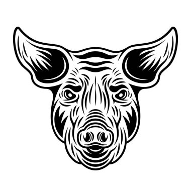 Beyaz arkaplanda izole edilmiş klasik tarzda domuz başı ön görünümü vektör monokrom illüstrasyonuName