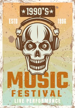 Müzik festivali temsilcisi illüstrasyonu için kulaklıklı klasik poster. Katmanlı, grunge deseni ve metni ayır