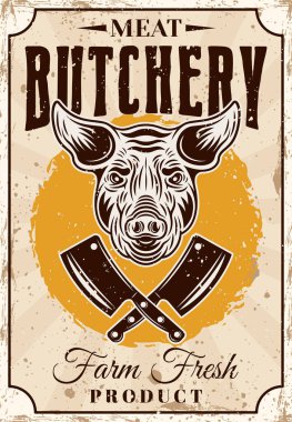 Kasap dükkanı, taze domuz eti ürünleri, dikey vektör posteri ya da reklam afişi, domuz kafası ve çapraz bıçaklarla klasik tarzda.