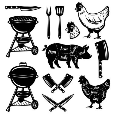 Beyaz zemin üzerinde izole edilmiş tek renk biçiminde vektör nesneler ve tasarım elementlerinden oluşan barbekü ve kasap dükkanı seti