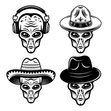 Beyaz arkaplanda izole edilmiş vektör monokrom nesneleri veya tasarım elementlerinin farklı başlık kümesindeki uzaylı başlıkları