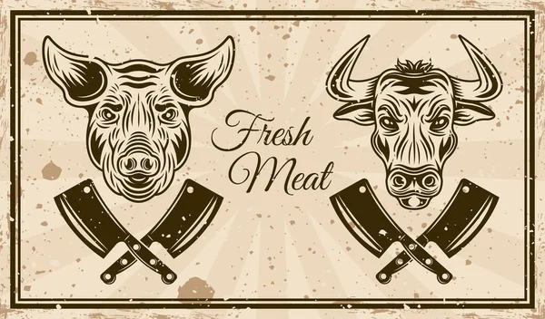 Butchery shop vector οριζόντια αφίσα σε vintage στυλ με κεφαλή ταύρου και κεφαλή χοίρου. Ύφασμα Grunge και κείμενο σε ξεχωριστά στρώματα — Διανυσματικό Αρχείο